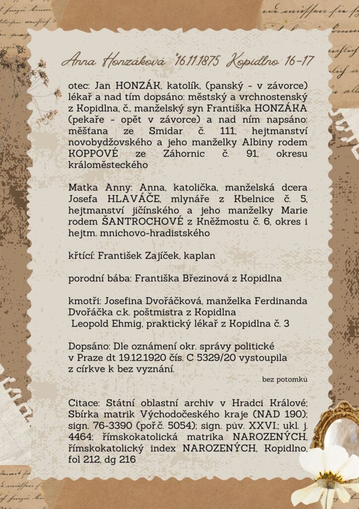Přepis matričního záznamu narození Anny Honzákové, první české lékařky