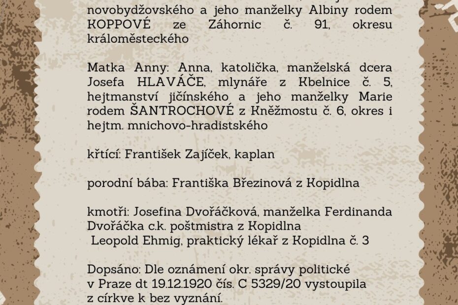 Přepis matričního záznamu narození Anny Honzákové, první české lékařky