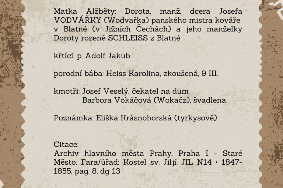 Eliška Krásnohorská - Alžběta Pechová = přepis a překlad jejího matričního záznamu